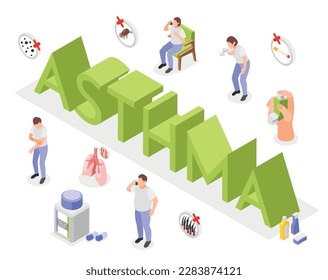 Asthma symptoms and treatment isometric composition with 3d text surrounded by medication icons and human characters vector illustration