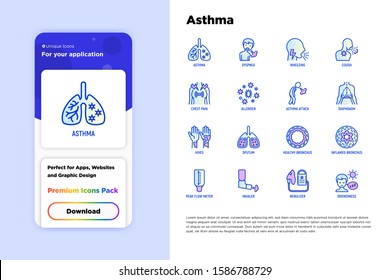 Asthma thin line icons set: allergen, dyspnea, cough, wheezing, chest pain, diaphragm, asthma attack, hives, sputum, peak flow meter, inhaler, nebulizer. Vector illustration for mobile user interface.