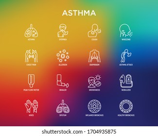 Asthma dünne Linie Symbole Set: Allergen, Dyspnoe, Husten, pfeifendes Atmen, Brustschmerzen, Zwerchfell, Asthmaanfall, Nesselsucht, Sputum, Peak Flow Meter, Inhalator, Nebulizer. Moderne Vektorillustration.