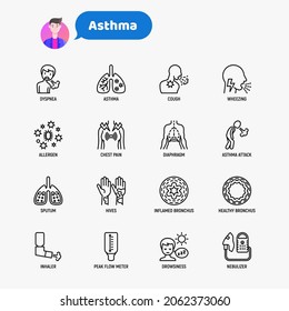 Asthma thin line icons set: allergen, dyspnea, cough, wheezing, chest pain, diaphragm, asthma attack, hives, sputum, peak flow meter, inhaler, nebulizer. Modern vector illustration.