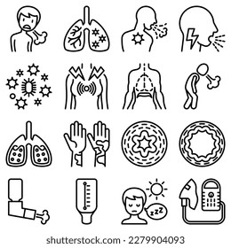 Asthma dünne Linie Symbole Set: Allergen, Dyspnoe, Husten, pfeifendes Atmen, Brustschmerzen, Zwerchfell, Asthmaanfall, Nesselsucht, Sputum, Peak Flow Meter, Inhalator, Nebulizer. Moderne Vektorgrafik.