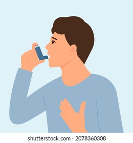 Asthma treatment.Asthma inhaler help allergic man. World asthma day. Allergy, asthmatic. Inhalation medicine. Flat vector illustration concept. Bronchial asthma.