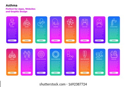 Asthma ui templates with thin line icons: allergen, dyspnea, cough, wheezing, chest pain, diaphragm, hives, sputum, peak flow meter, inhaler. Modern vector illustration for mobile user interface.