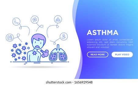 Plantilla de página web de asma. Hombre con ataque de asma. Iconos de línea delgada: alergeno, disnea, tos, sibilancias, dolor de pecho, diafragma, esputo, inhalador, nebulizador. Ilustración vectorial moderna.