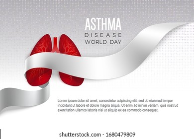 Asthma World Day poster with red lungs into white ribbon on light pixel background. Medical solidarity and awareness day concept. Vector illustration.