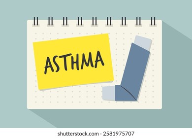 asthma written on the yellow sticky note and inhaler icon; concept of asthma awareness, medical treatment, and respiratory health management - vector illustration