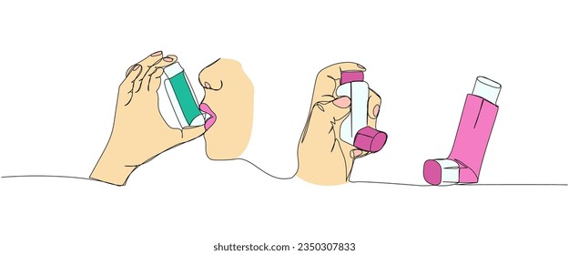 Asthmatics set, salbutamol, Asthma inhaler, medical supplies, equipment one line color art. Continuous line drawing of medication, clinical, disposable, tool, inhalation, lung treatment