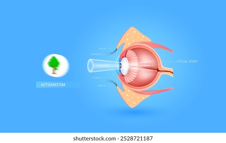 Astigmatism blurred vision. Distorted vision making objects near and far unclear. More than one focal point. Human eye visual system anatomy. Medical science diagnosis. Vector EPS 10.