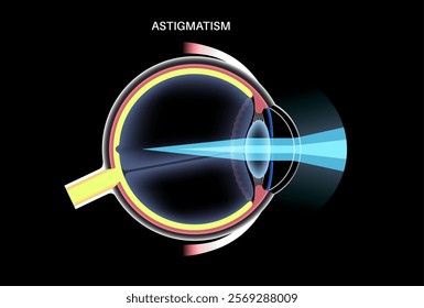 Astigmatism eye disease. Refractive error medical poster. Blurred vision problem at any distance. Visual distortion caused by uneven corneal or lens curvature. Human eye anatomical vector illustration