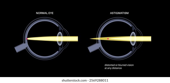 Astigmatism eye disease. Refractive error medical poster. Blurred vision problem at any distance. Visual distortion caused by uneven corneal or lens curvature. Human eye anatomical vector illustration