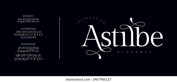 Astilbe letras y números de alfabeto elegantes de lujo premium. tipografía de boda Antiguas classic serif font decorativo vintage retro. Ilustración vectorial creativa