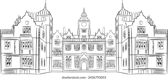 Aston Hall Birmingham United Kindom Handdrawn Illustration -Vector illustration - Silhouette Line art drawing in Black and White 