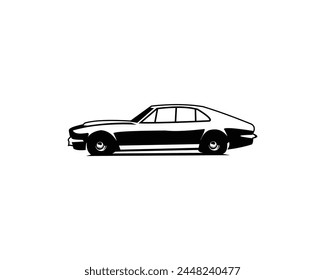 Aston Martin Lagonda V8 Saloon. Abgeschirmter weißer Hintergrund von der Seite. Premium-Illustration Vektorgrafik Design. Am besten für Logo, Abzeichen, Emblem, Icon, Aufkleber Design. Erhältlich in eps 10