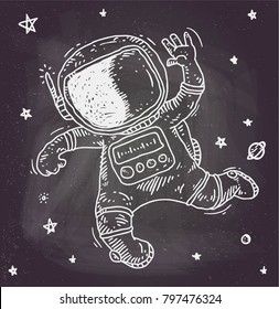 astonaut chalk doodle illustration vector on blackboard