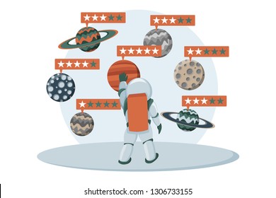 Astonaut choosing of best place with five stars. Flat rating vector illustration for landing page template, web banner, infographics, hero images. Feedback concept. Market quality evaluation system