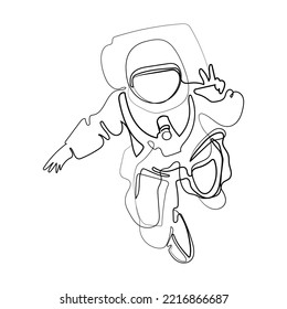 Astonaut in space showing peace gesture two fingers up continuous line drawing isolated vector illustration.Space traveler astronaut concept.Trendy one line graphic design