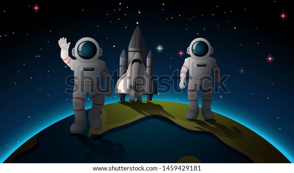 Astronauts and earth scene mural illustration