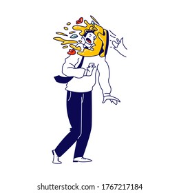 Astonished Business Man Character Got Cake in Face from Colleagues in Office Isolated on White Background. Funny Birthday Celebration, Crazy Festive Surprise Concept. Linear Vector Illustration