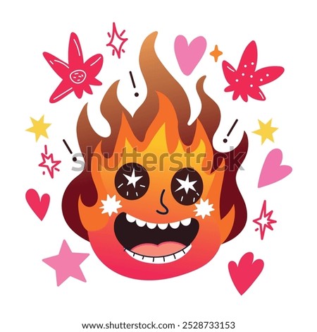 Astonished fire sticker in flat style 