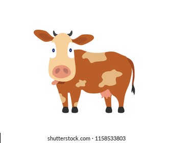 Astonished Guernsey Cow with pots sticking out tongue. Cute cow caricature with big head and small body in cream and brown colors.