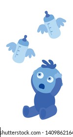 Astonished little blue toddler holding his head with open mouth on white. Amazed baby boy looking at flying milk bottles with wings. Child imagination. Funny children's room idea. Vector Illustration.