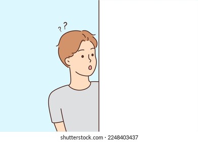 Astonished man look from around corner feel confused and surprised. Amazed guy shocked with information or message. Vector illustration. 
