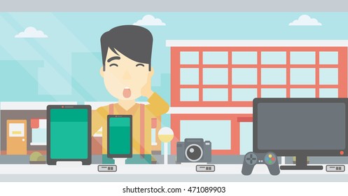 Erstaunlicher Mann, der digitale Tablette und Smartphone durch Schaufenster betrachtet. Ein asiatischer junger Mann mit offenem Mund, der Tablet und Telefon anschaut. Vektorflache Design-Illustration. Horizontales Layout.
