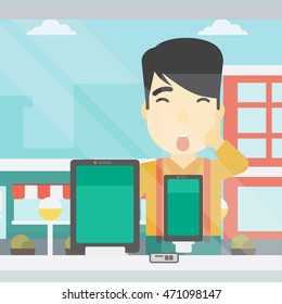 Astonished man looking at digital tablet and smartphone through the shop window. An asian young man with open mouth looking at tablet and phone. Vector flat design illustration. Square layout.