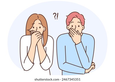 Astonished man and woman cover mouth shocked by unexpected news or information. Amazed couple surprised with unbelievable message. Vector illustration.