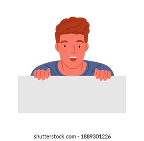 Astonished red haired teen boy peeping with shocked facial expression vector flat illustration. Surprised male teenager having amazed emotion isolated on white. Teenager holding horizontal banner.