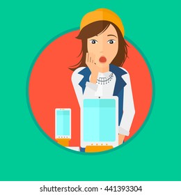 Astonished woman looking at digital tablet and smartphone through shop window. Woman with open mouth looking at tablet and phone. Vector flat design illustration in the circle isolated on background.