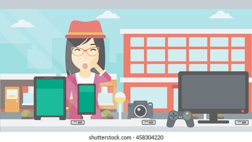Astonished woman looking at digital tablet and smartphone through shop window. An asian young woman with open mouth looking at tablet and phone. Vector flat design illustration. Horizontal layout