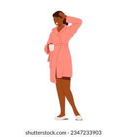 Astonished, Worried Woman In Robe Clutches Coffee Cup, Her Face Displaying Surprise And Concern. Anxious African American Female Character Isolated on White. Cartoon People Vector Illustration