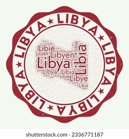 Astonishing country badge with word cloud in shape of Libya. Round emblem with country name. Radiant vector illustration.