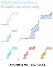 Astonishing hand-drawn illustration of Western Sahara. Authentic childish style icon.  Multiple colorful sketchy versions of the map are shown.