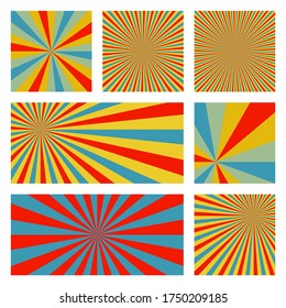 Astonishing sunburst background collection. Abstract covers with radial rays. Vibrant vector illustration.