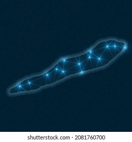 Astonishing vector illustration of a digital network map of Cayman Brac, showcasing abstract geometric connections and telecommunication design.