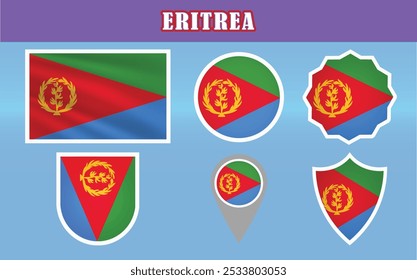 Astonishing vector of the National Flag of Eritrea, featuring green, blue, and red with a gold olive branch emblem. Ideal for patriotic, cultural, and educational projects.
