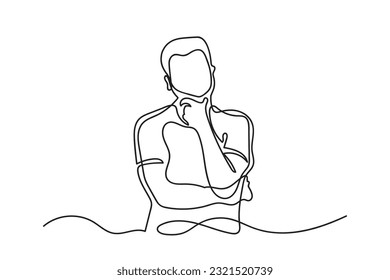 astonishment expression.man muttering holding chin with finger.man thinking.vector continuous line.isolated white background