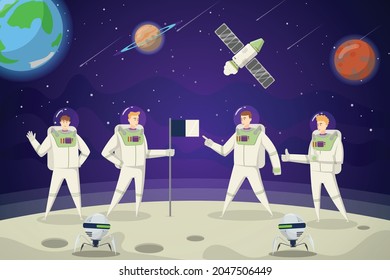 astounauts go to the moon with their rocket and robots