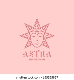 Astra Abstract Vector Sign, Emblem or Logo Template. Star Silhouette as a Beautiful Woman Face with Curly Hair. Line Style Symbol with Modern Typography. Pink Background.