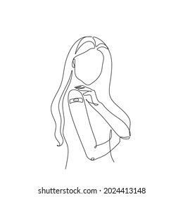 Astract doctor make injection to patient in medical mask. Covid-19 or coronavirus vaccine. Hand with Injection Symbol continuous line drawing. Syringe vaccination , Medical vector illustration. 