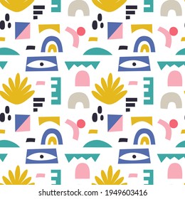 Astract eyes and other shapes pattern. Seamless vector background