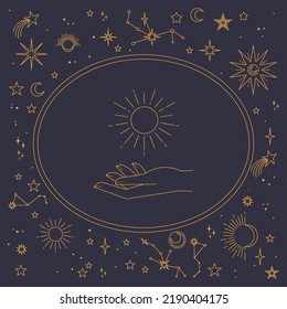 Astral celestial frame with stars, hands, sun, moon phases, and copy space. Mystic design. Ornate magical banner with a place for text. Linear geometric border