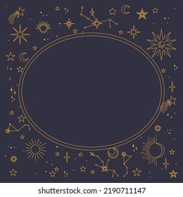 Astral celestial frame with stars, hands, sun, moon phases, and copy space. Mystic design. Ornate magical banner with a place for text. Linear geometric border