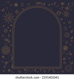 Astral celestial frame with stars, hands, sun, moon phases, and copy space. Mystic design. Ornate magical banner with a place for text. Linear geometric border