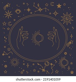 Astral celestial frame with stars, hands, sun, moon phases, and copy space. Mystic design. Ornate magical banner with a place for text. Linear geometric border