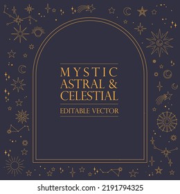 Astral celestial frame with stars, hands, sun, moon phases, and copy space. Mystic design. Ornate magical banner with a place for text. Linear geometric border