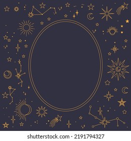 Astral celestial frame with stars, hands, sun, moon phases, and copy space. Mystic design. Ornate magical banner with a place for text. Linear geometric border