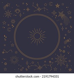 Astral celestial frame with stars, hands, sun, moon phases, and copy space. Mystic design. Ornate magical banner with a place for text. Linear geometric border